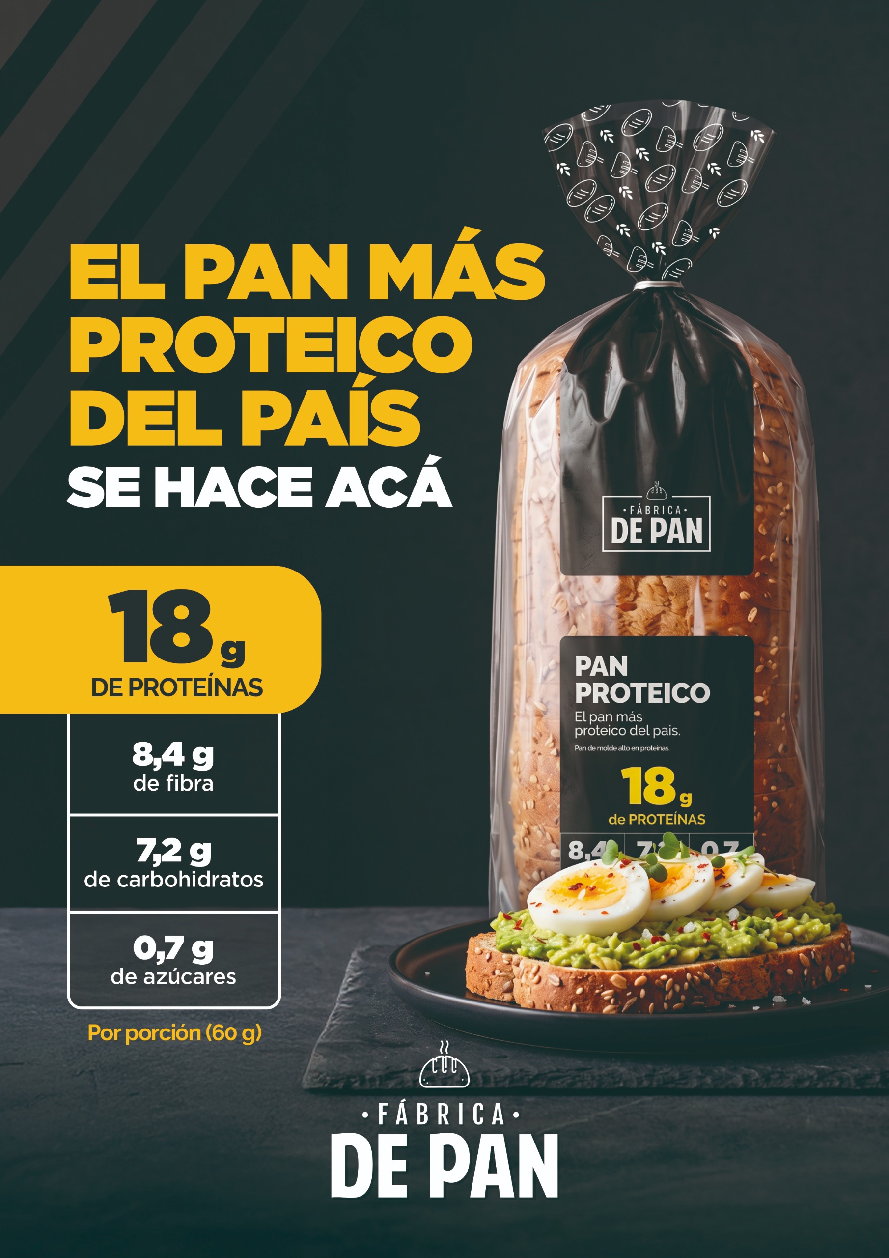 Flyer de lanzamiento del pan proteico de Fábrica de Pan