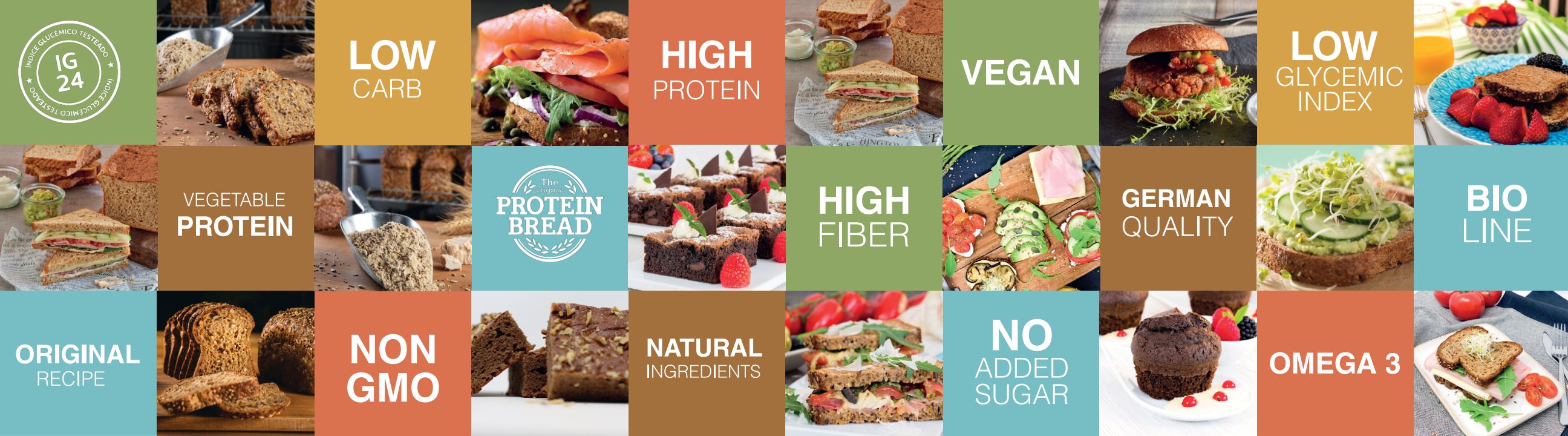 Beneficios de las mezclas Rietmann: low carb, high protein, vegan, low glycemic index, high fiber, German quality, bio line, non GMO, natural ingredients, no added sugar, omega 3